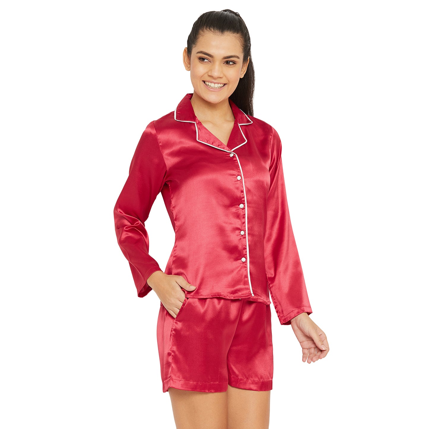 Women Red Satin Finish Solid Night Suit