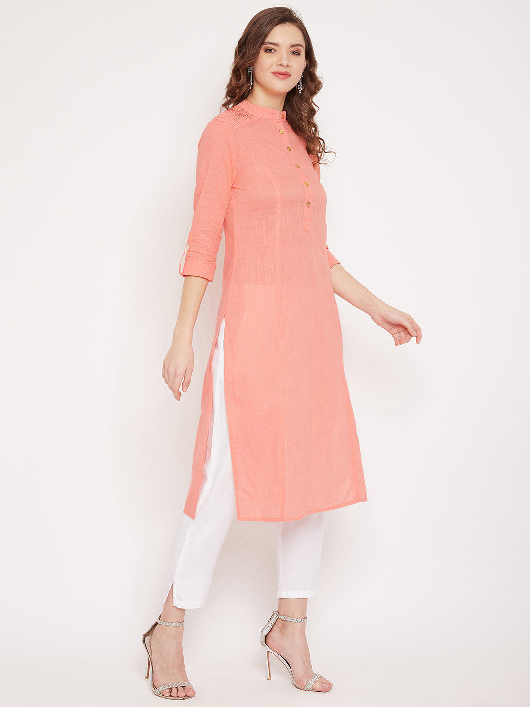 Women peach pin tuck solid kurta