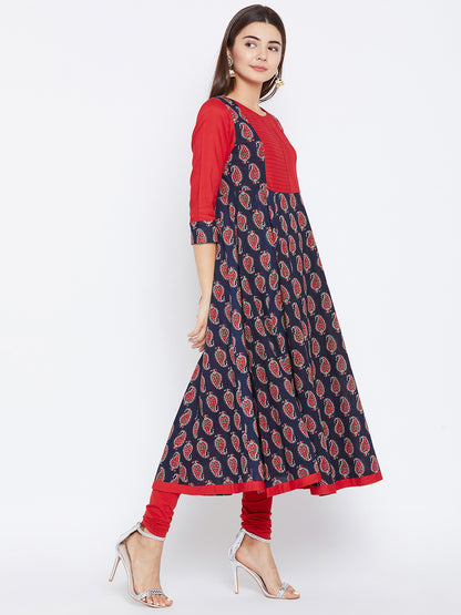 Women's Navy Blue And Red Paisely Printed Anarkali Ankle Length Kurta