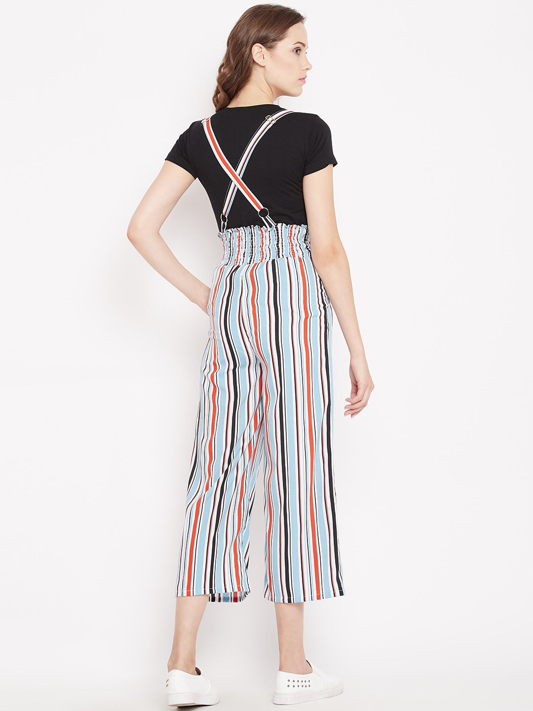 Women's white based multicolour stripes print mid length culotte