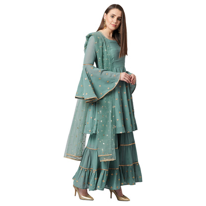 Women Sea Green & Gold Self Design Kurta with Sharara & Dupatta