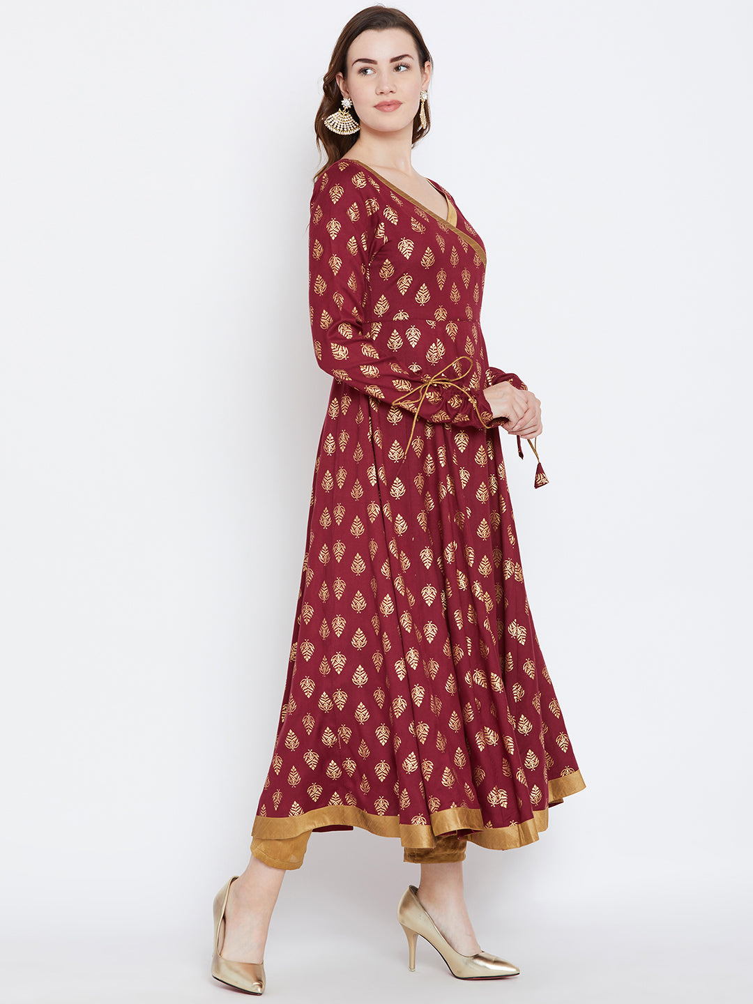 Women's Maroon Color And Gold Foile Printed Anarkali Ankle Length Kurta