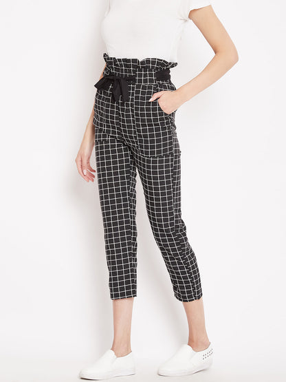 Women's black and white plaid pleated high waist trouser
