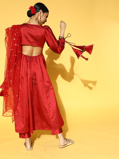 Women Maroon Yoke Design Dupion Silk Anarkali Kurta with Trousers & Dupatta