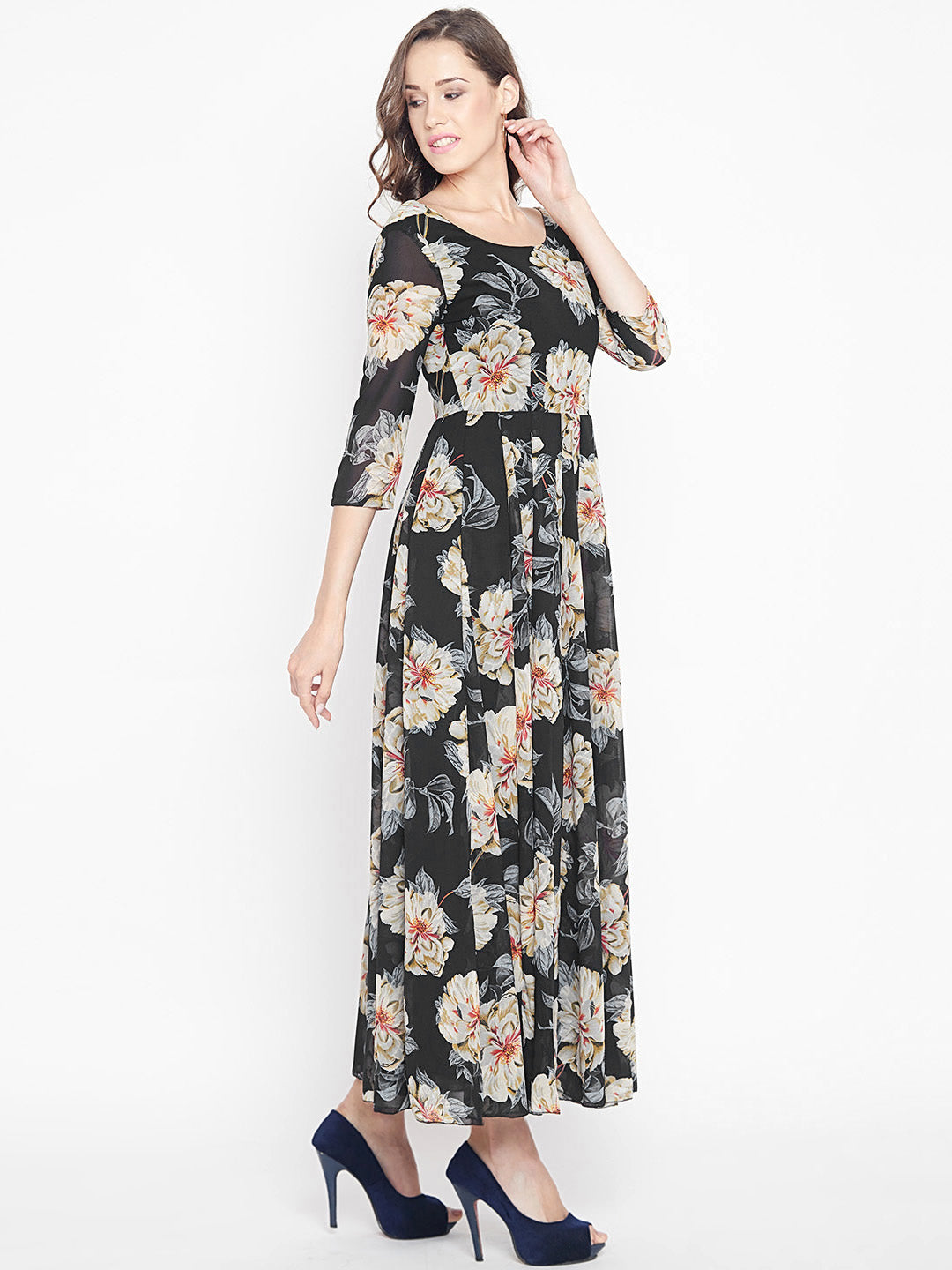 Women's Black Multi colour lily Floral print Maxi dress