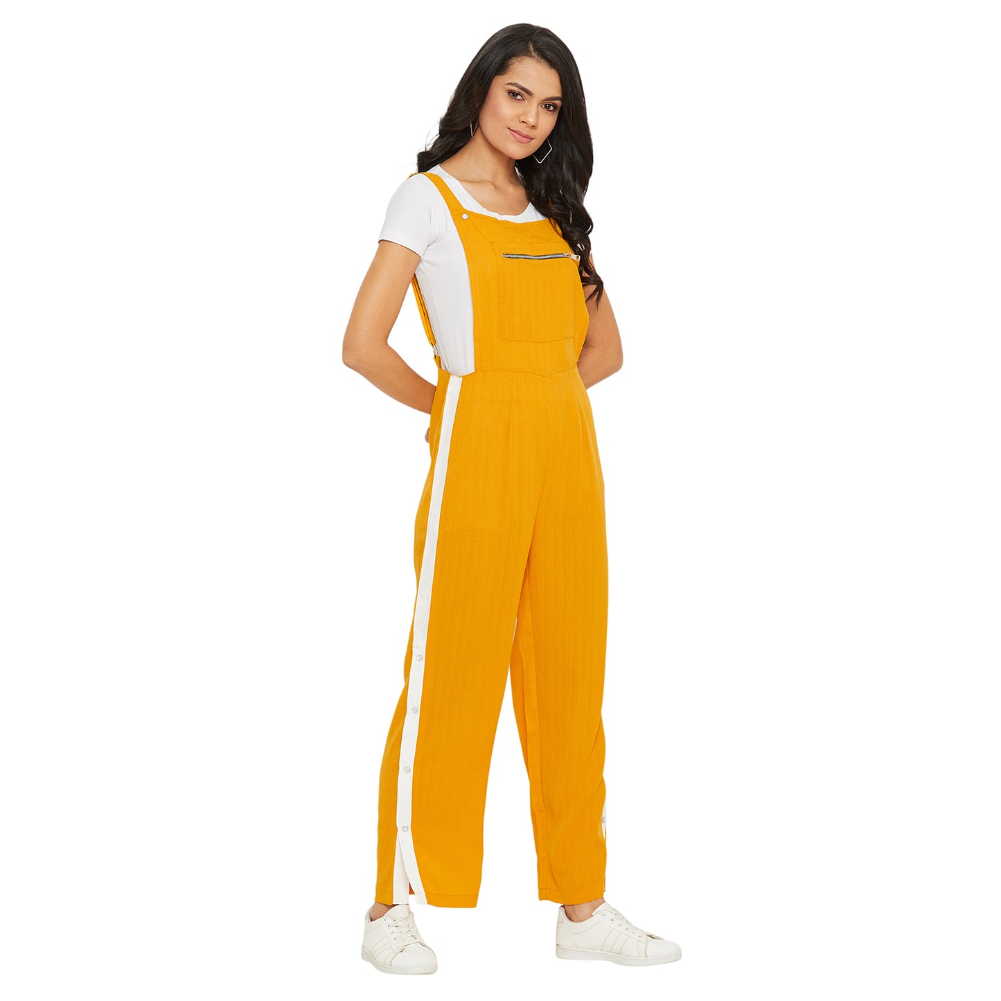 Mustard solid dungarees with side stripes detail