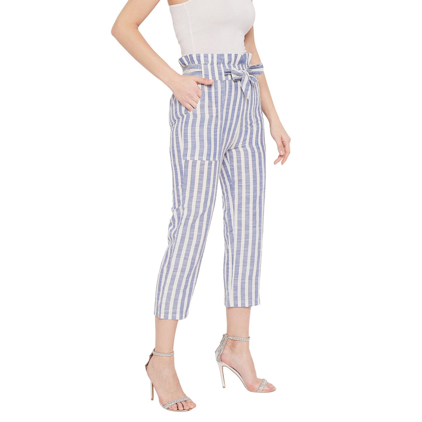 Women White and Blue Stripe Cigarette Trouser
