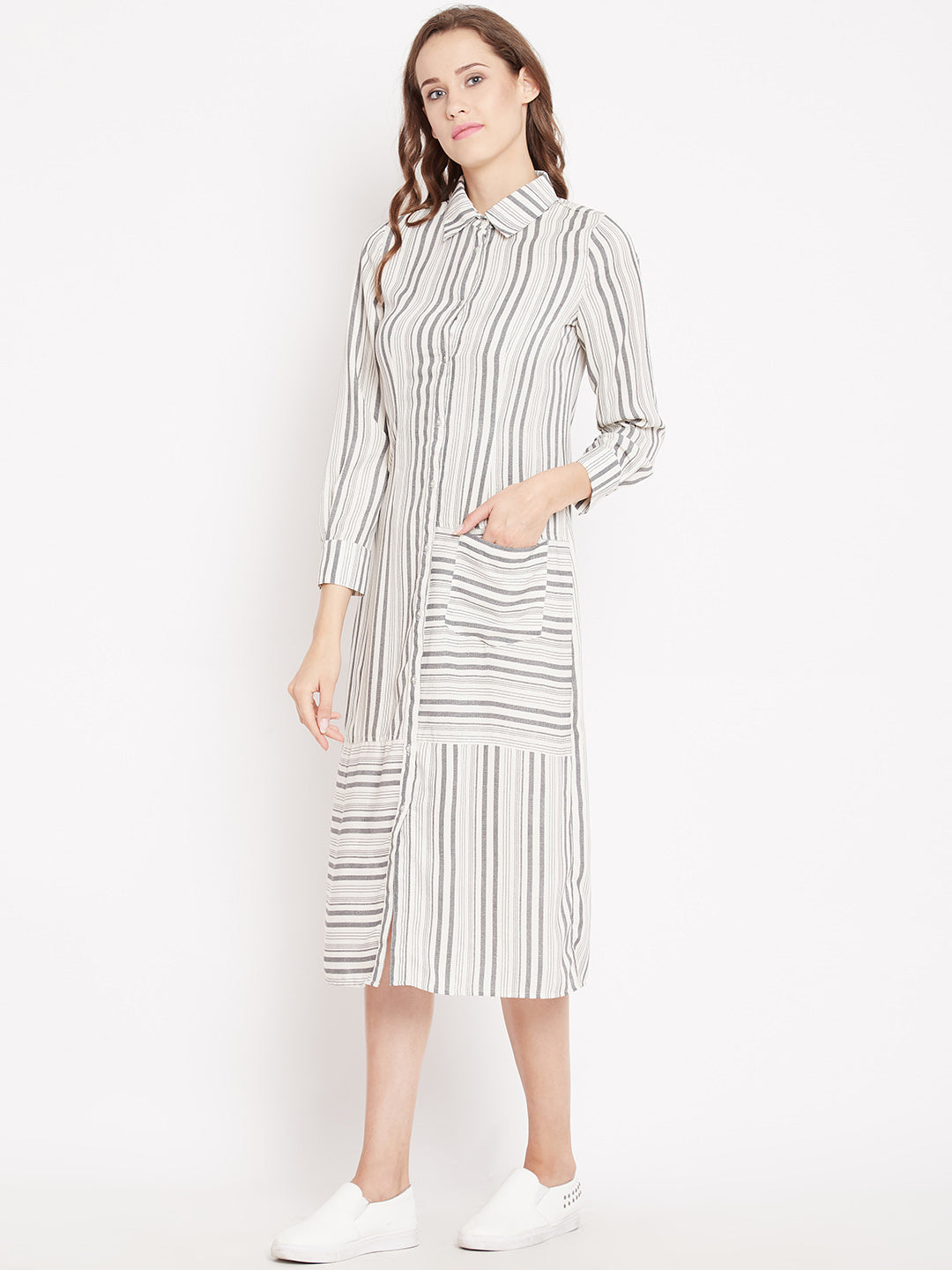 Women's Ivory grey strip weaved Shirt Dress with Pocket