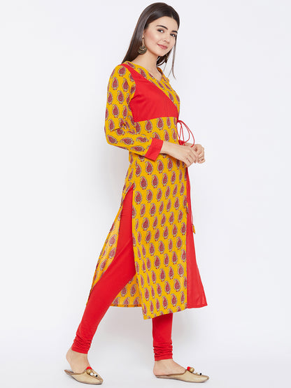 Women's Yellow And Red Color Paisely Printed Streight Fit Angrakha Kurta