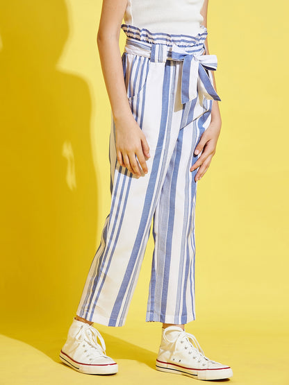 Girls White and Blue Striped  Peg Trouser