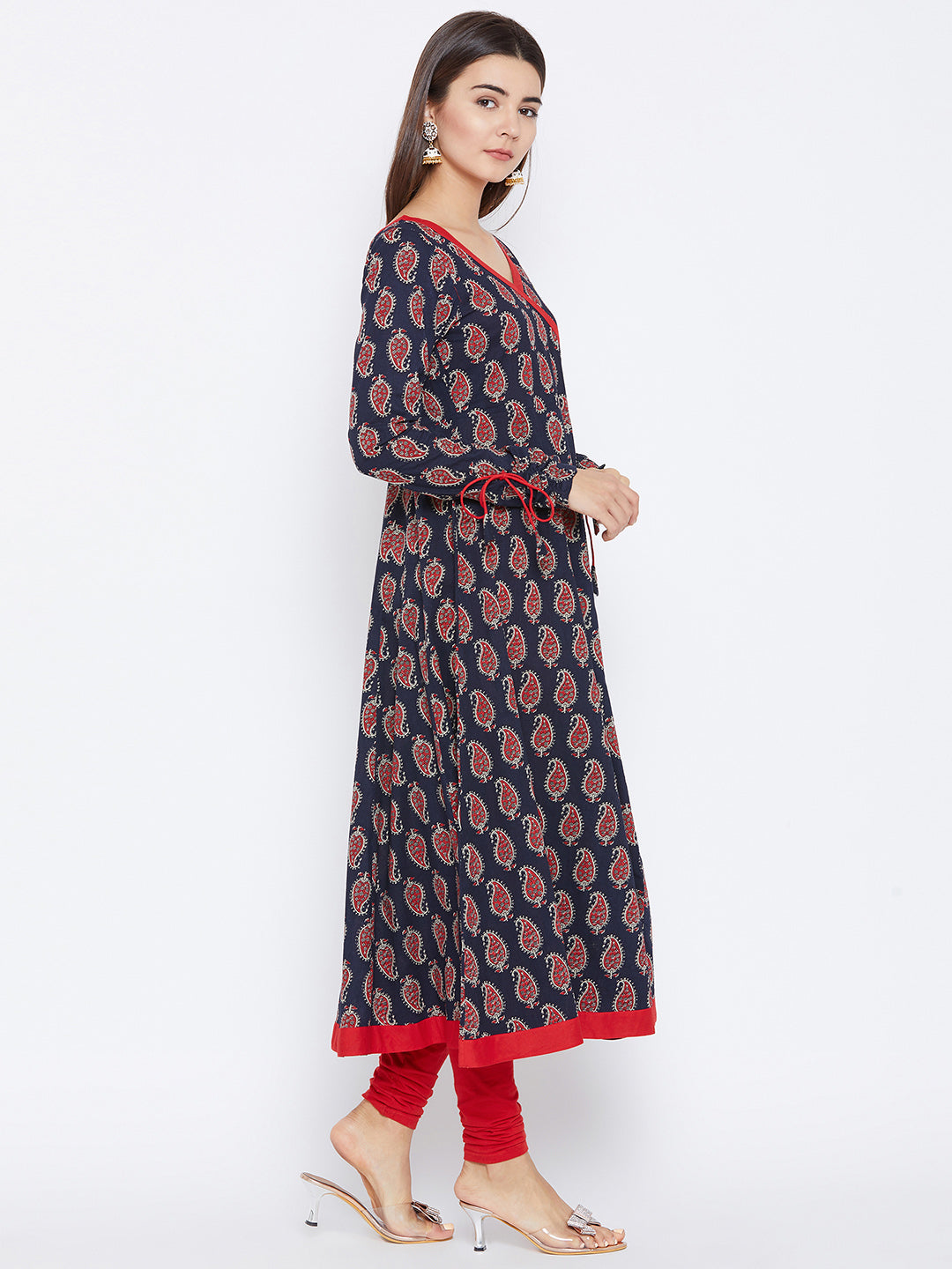 Women's Navy Blue And Red Color Paisley Printed Anarkali Ankle Length Kurta