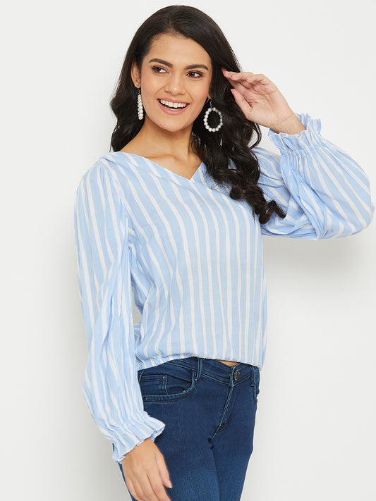 Ice Blue And white Stripe Top with gather sleeve and waist elastic