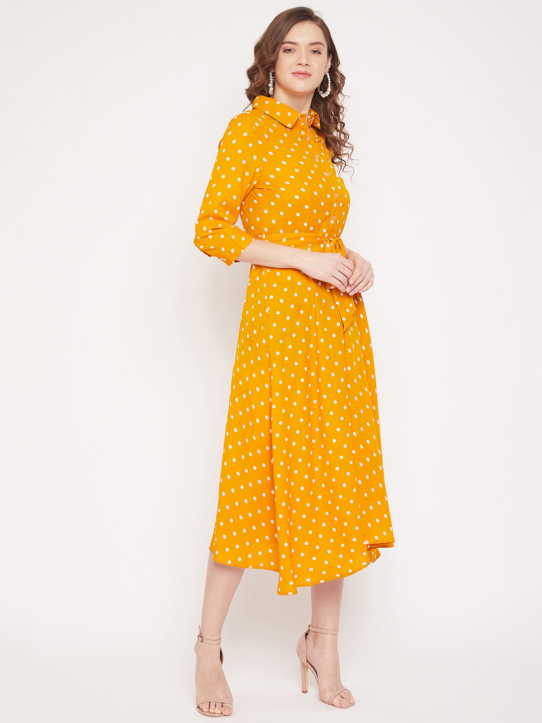 Women Mustard Yellow Printed A-Line Dress