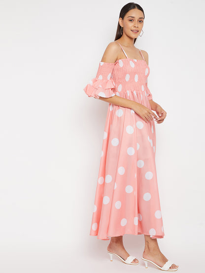 Women Pink Base and White Polka Dot Printed Maxi Dress