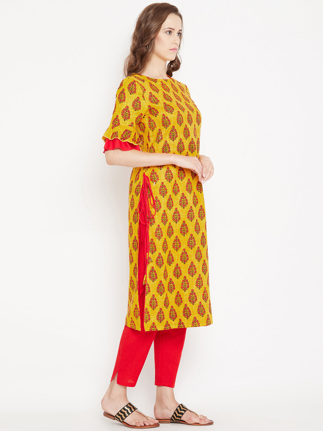 Women's Yellow Ethnic Motif Printed Mid Length Layed Kurta