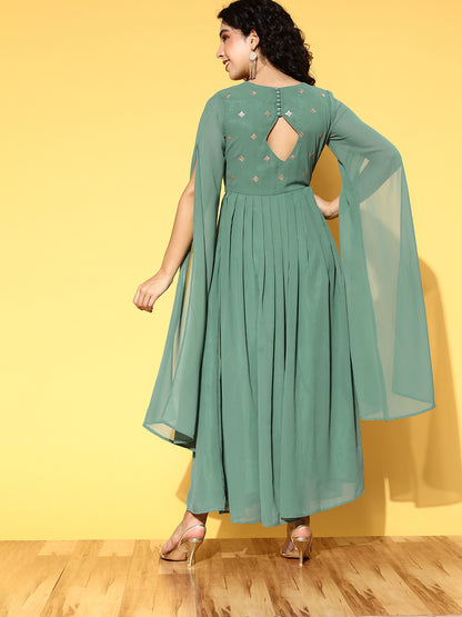 PANIT Green Ethnic Motifs Embellished Georgette A-Line Maxi Dress