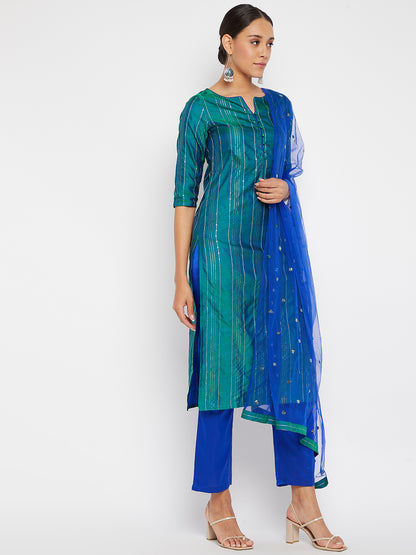 Women Green Blue Sequin Straight Kurta Set with Dupatta