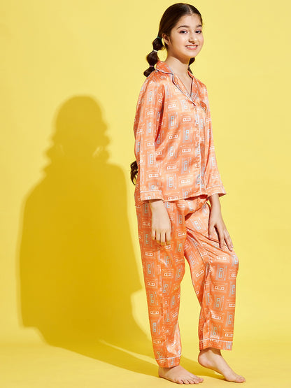 Cherry Jerry Girls Orange White Printed Night suit