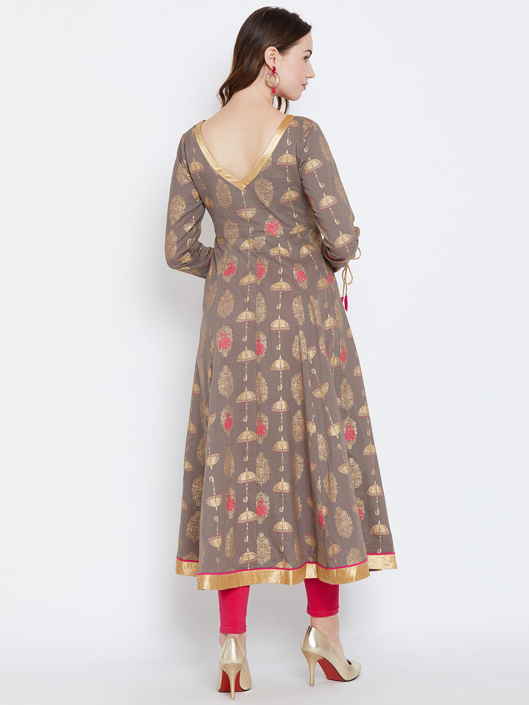 Women's Grey And Pink Color ,Gold Foile Printed Anarkali Ankle Length Kurta