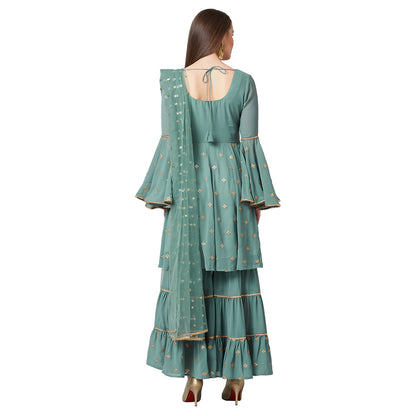 Women Sea Green & Gold Self Design Kurta with Sharara & Dupatta