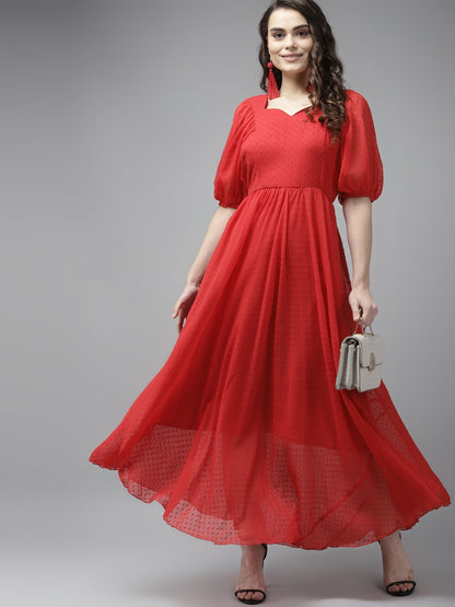 PANIT Red Solid Georgette Dobby Maxi Fit  Flare Dress
