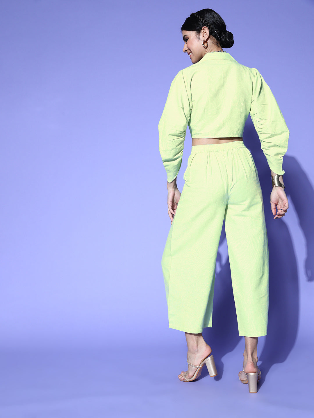 Women Alluring Lime Green Solid Top with Palazzos