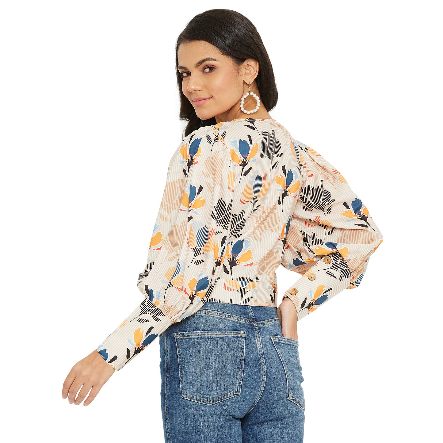 Light Brown Floral Printed Top With Puff Sleeve