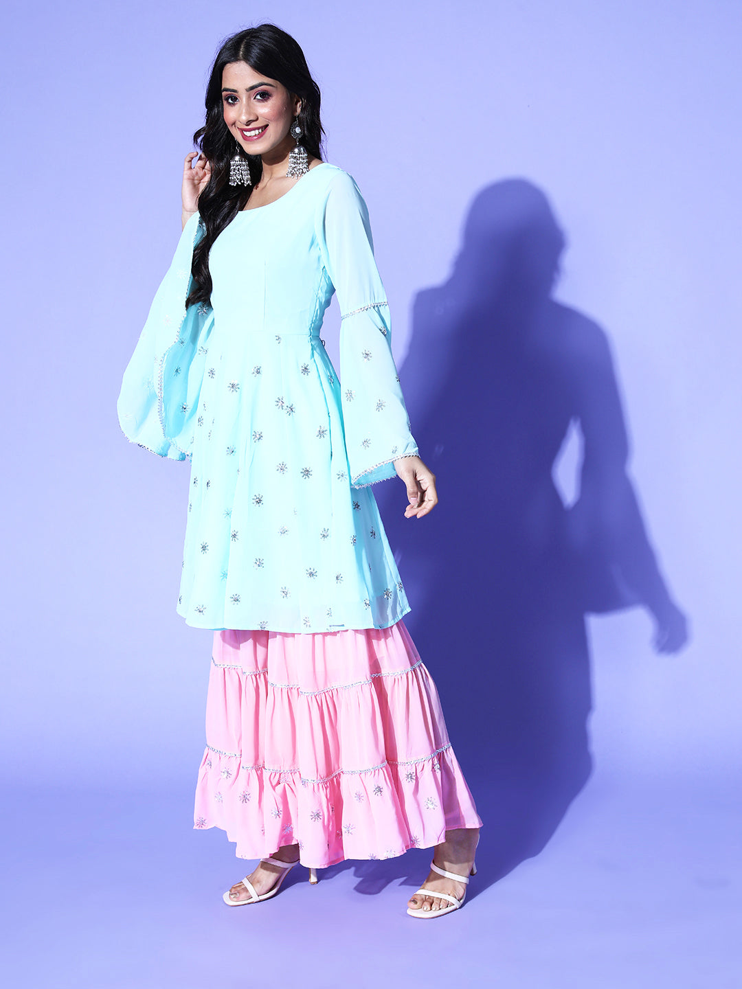 Embroidered baby blue kurta and baby pink sharara with matching embroidered dupatta