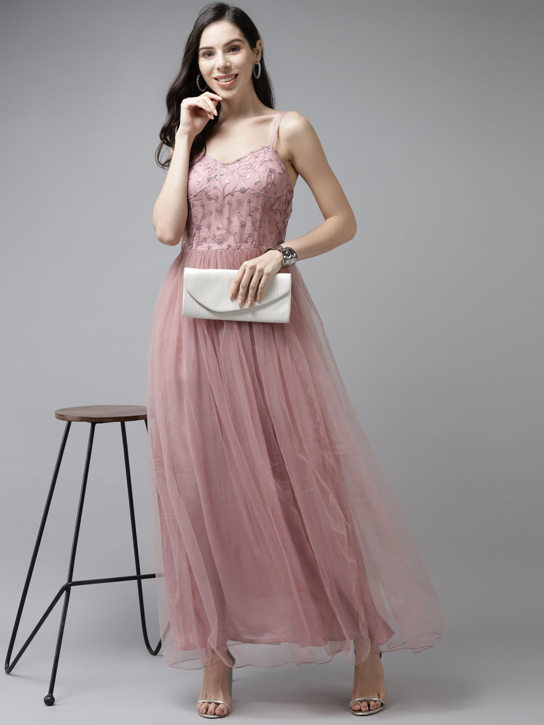 Women Pink Floral Embroidered Maxi Dress