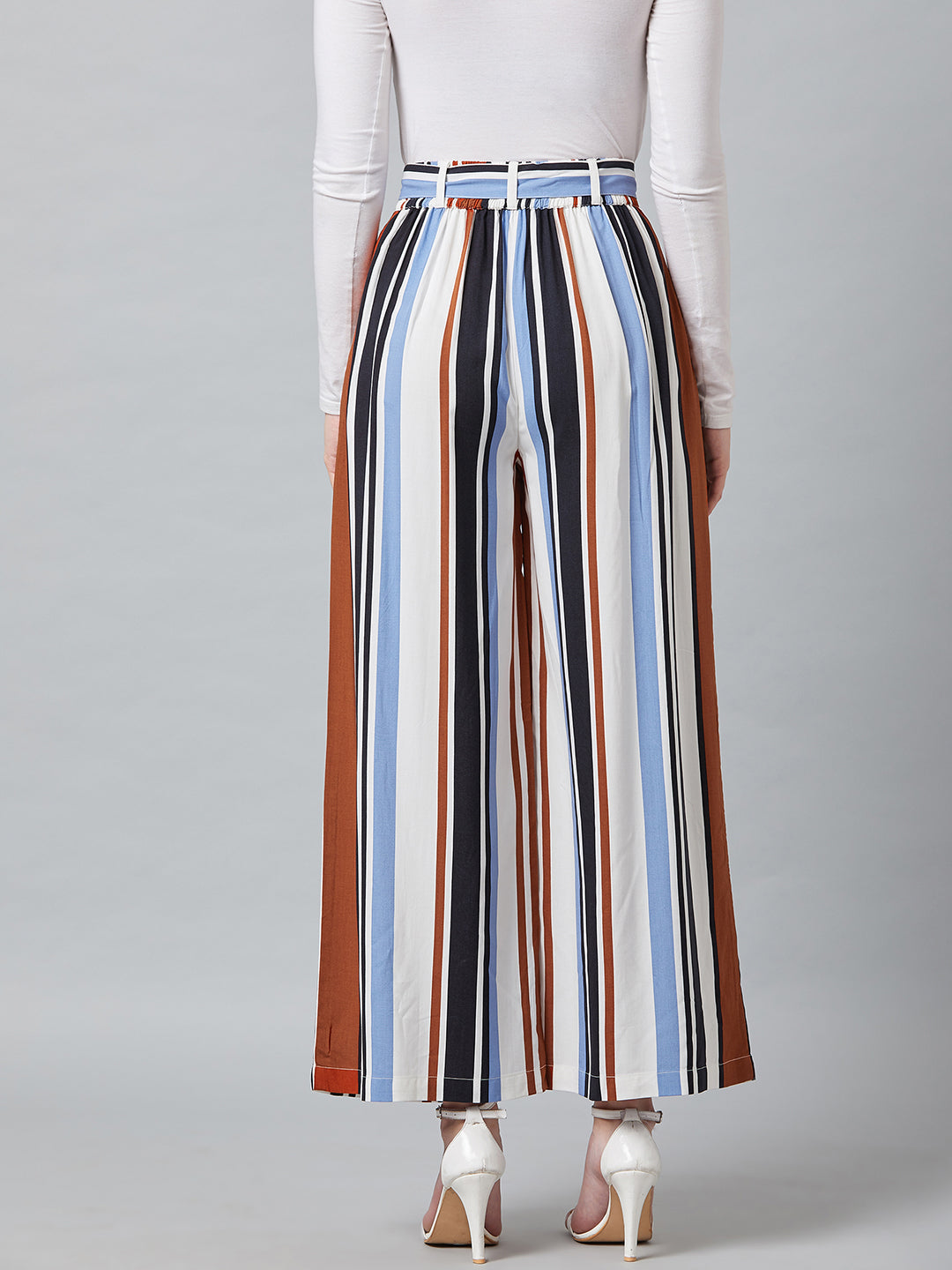 Women Blue & Black Relaxed Loose Fit Striped Trouser