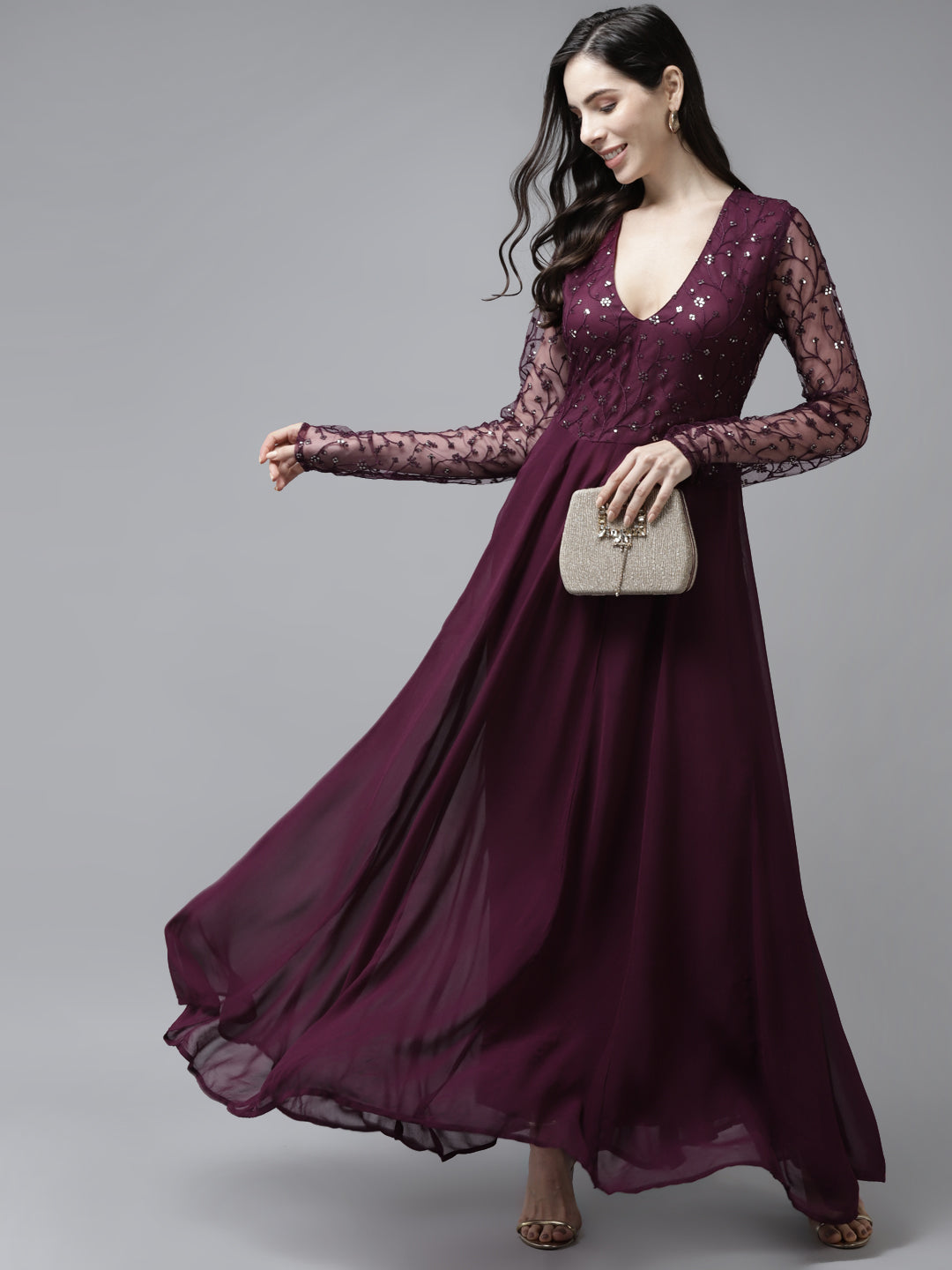 PANIT Purple  Gold-Toned Embroidered Yoke Sequinned Gown