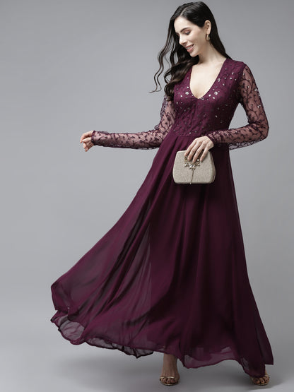 PANIT Purple  Gold-Toned Embroidered Yoke Sequinned Gown