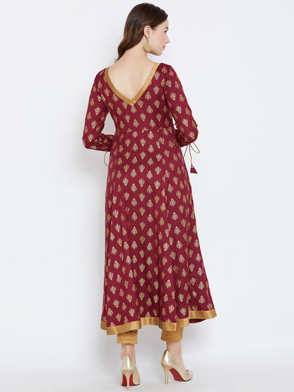 Women's Maroon Color And Gold Foile Printed Anarkali Ankle Length Kurta