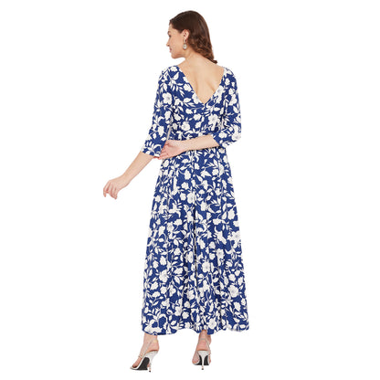 Women Blue and White Floral Printed Maxi Dress