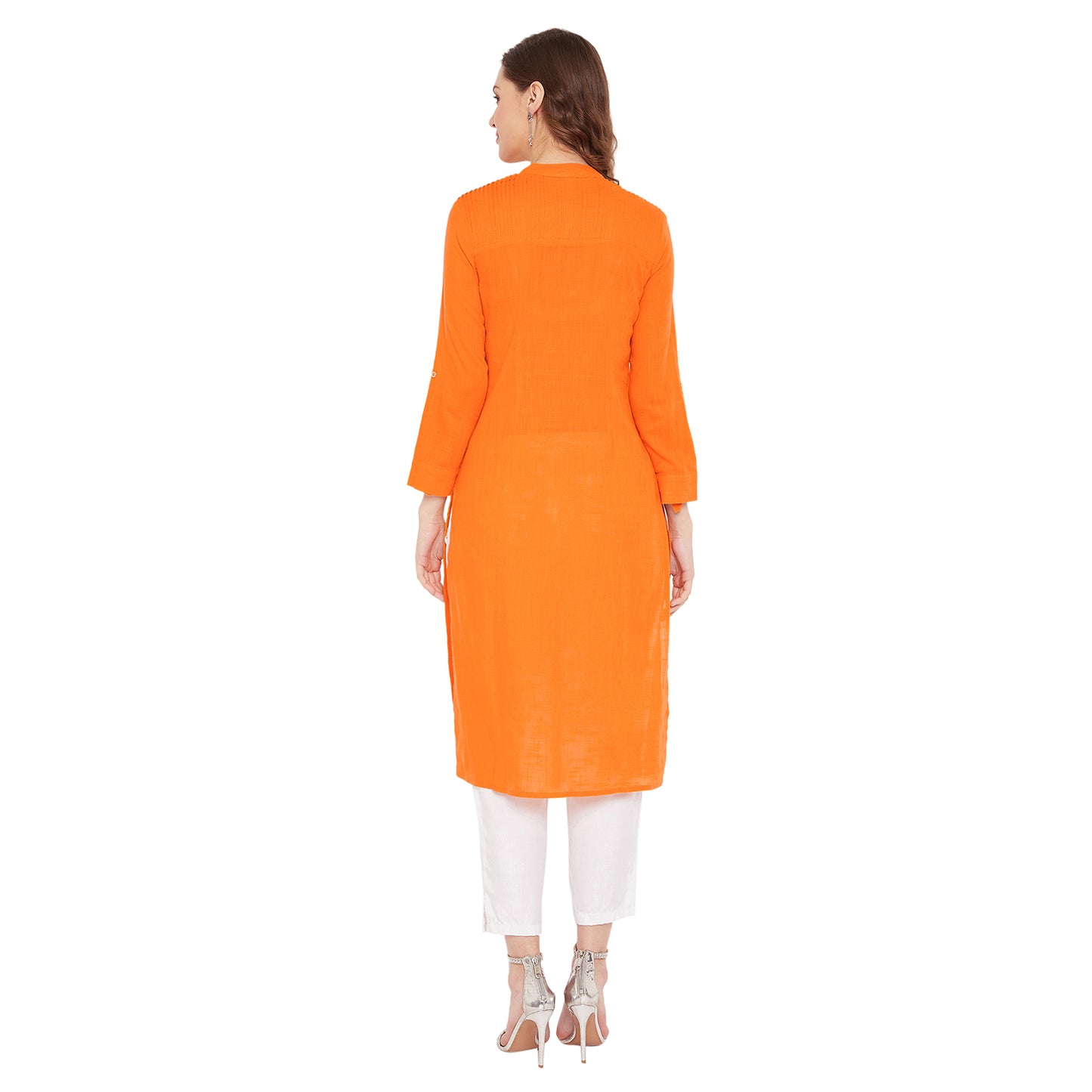 Women orange pin tuck solid kurta