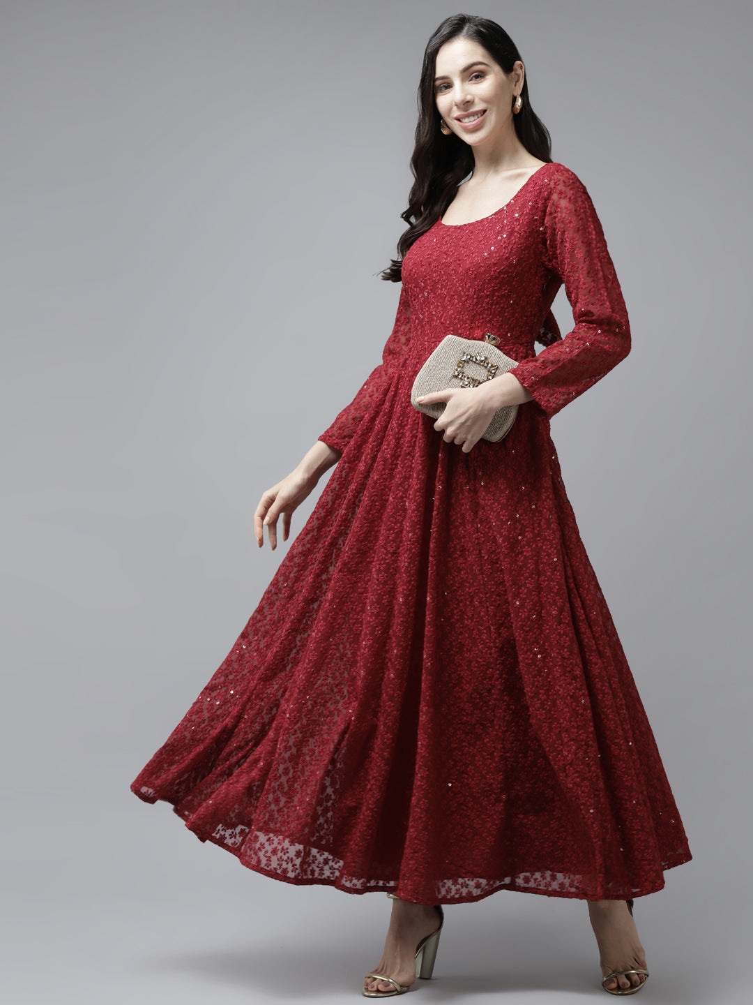 PANIT Women Red Ethnic Motifs Embroidered Ethnic Maxi Dress