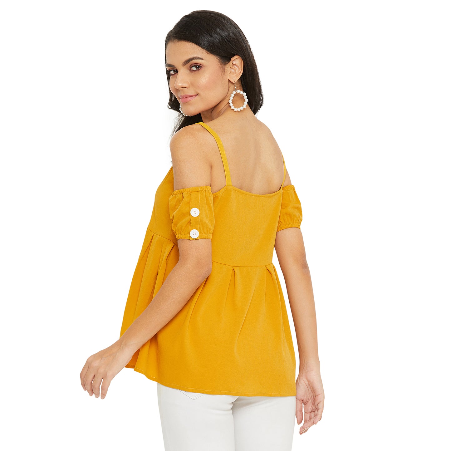 Mustard Solid Off Shoulder Puff Sleeves Bardot Top