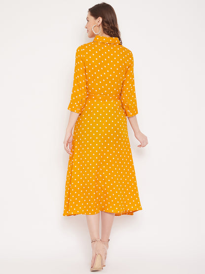 Women Mustard Yellow Printed A-Line Dress