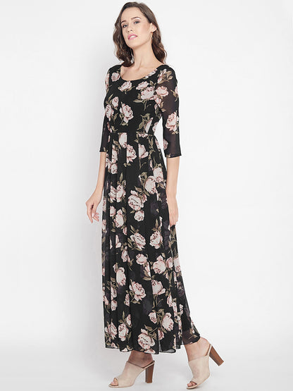 Women's Black Multi colour Rose Floral print Maxi dress