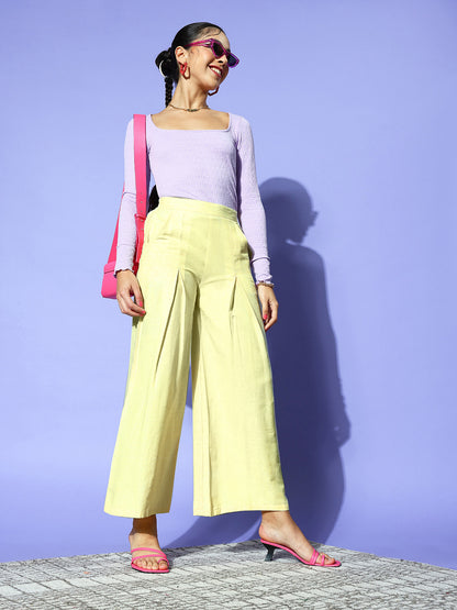 PANIT Women Bright Yellow Solid Wide Leg Trousers