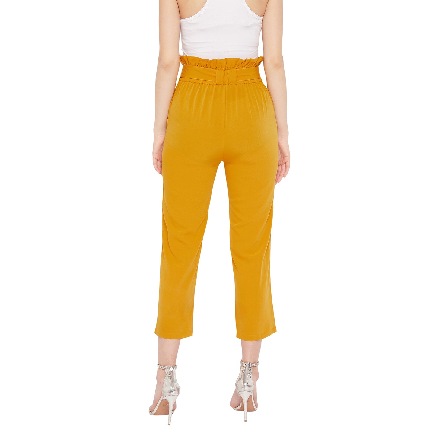 Wome Mustard Solid Crepe Cigarette Trouser