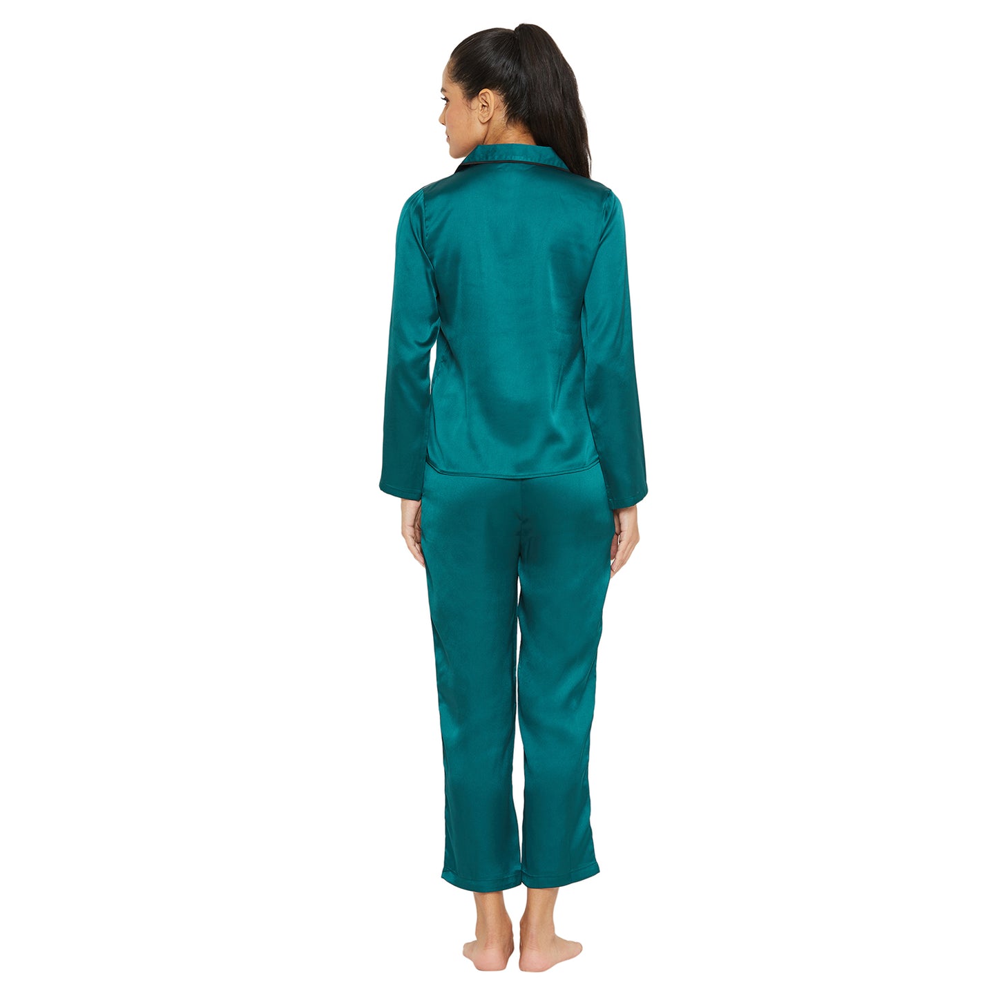 Women Green Satin Finish Solid Night Suit