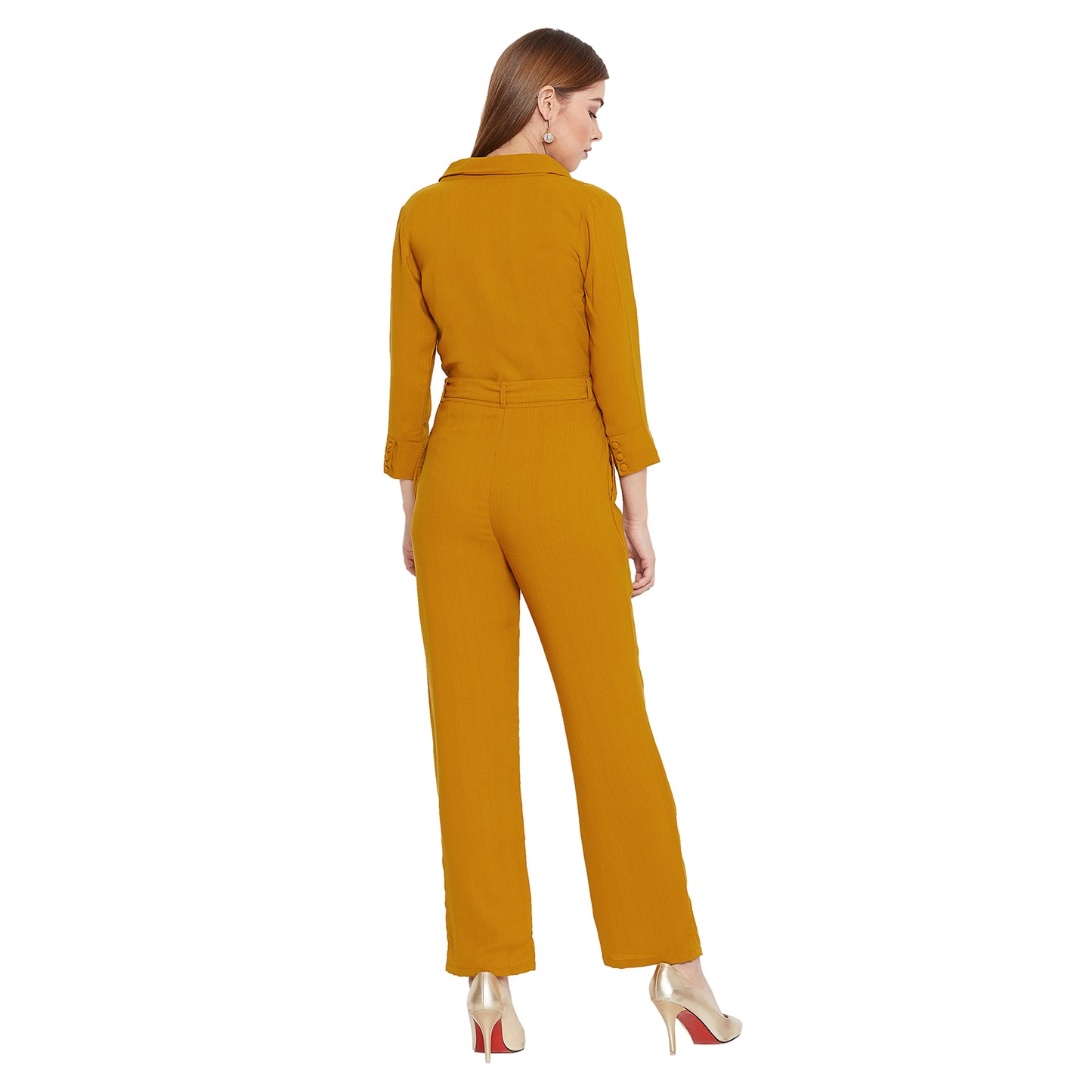 Women'S Solid Mud Yellow Full Length Crepe Jumpsuit