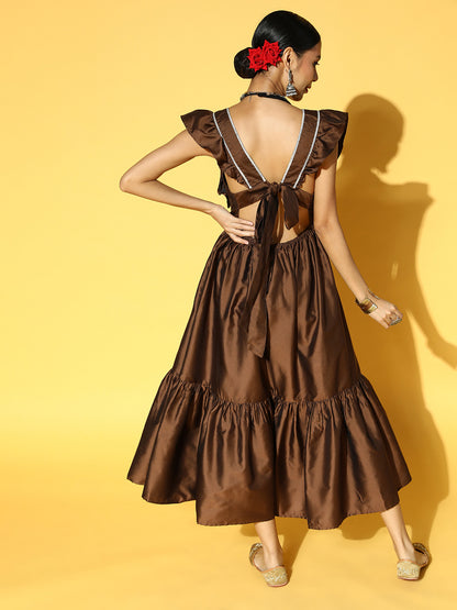 Brown Solid Cut Out Tie-up Gathered Maxi Dress
