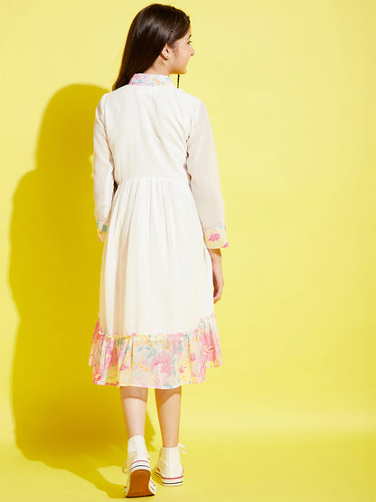 Girls White & Pink A-Line Midi Dress