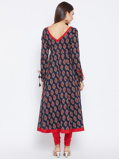Women's Navy Blue And Red Color Paisley Printed Anarkali Ankle Length Kurta