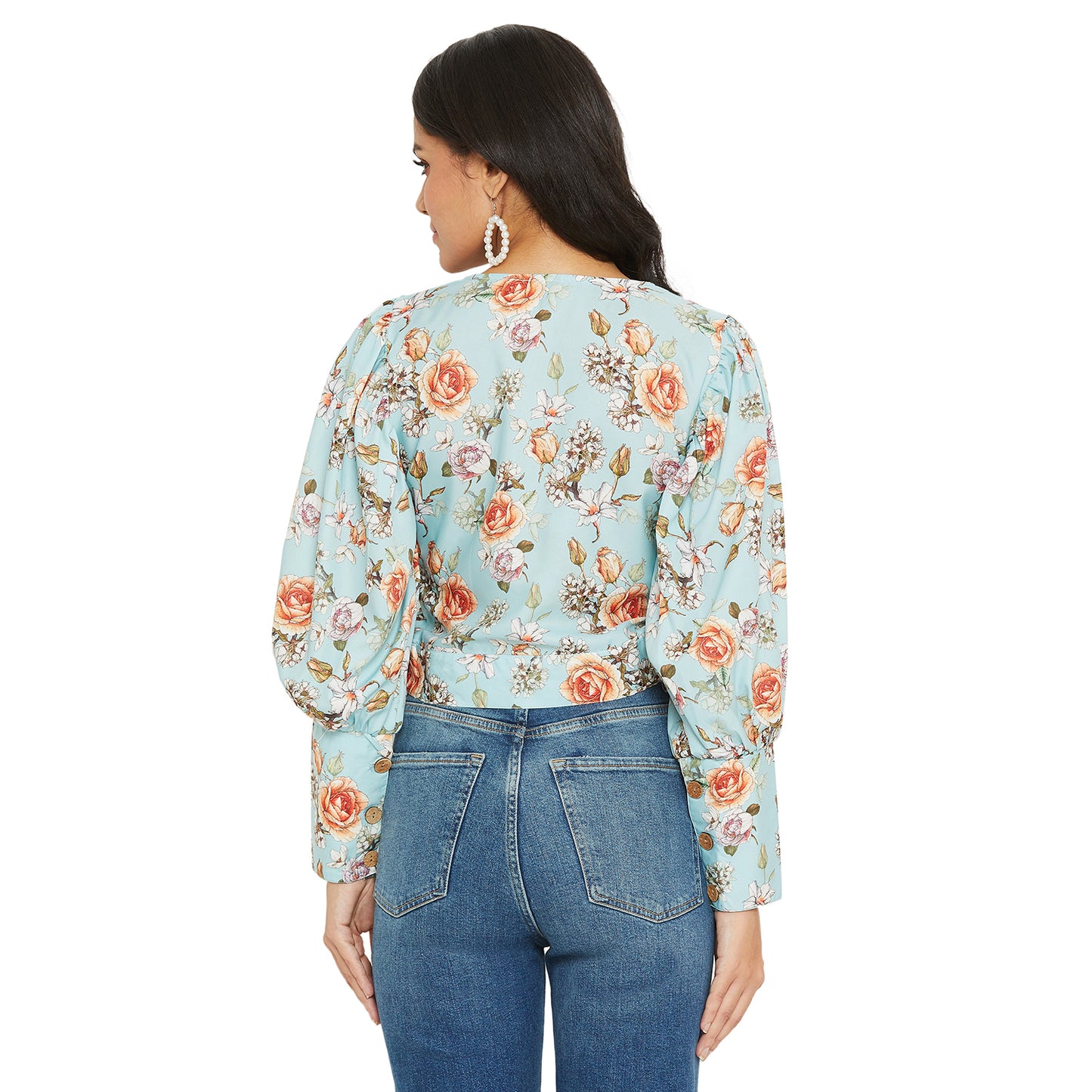 Ice Blue Floral Printed Top With Puff Sleeve