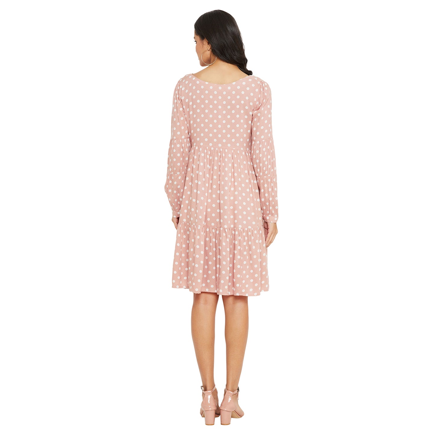 Women Pink Polka Dot Tiered A-line Dress