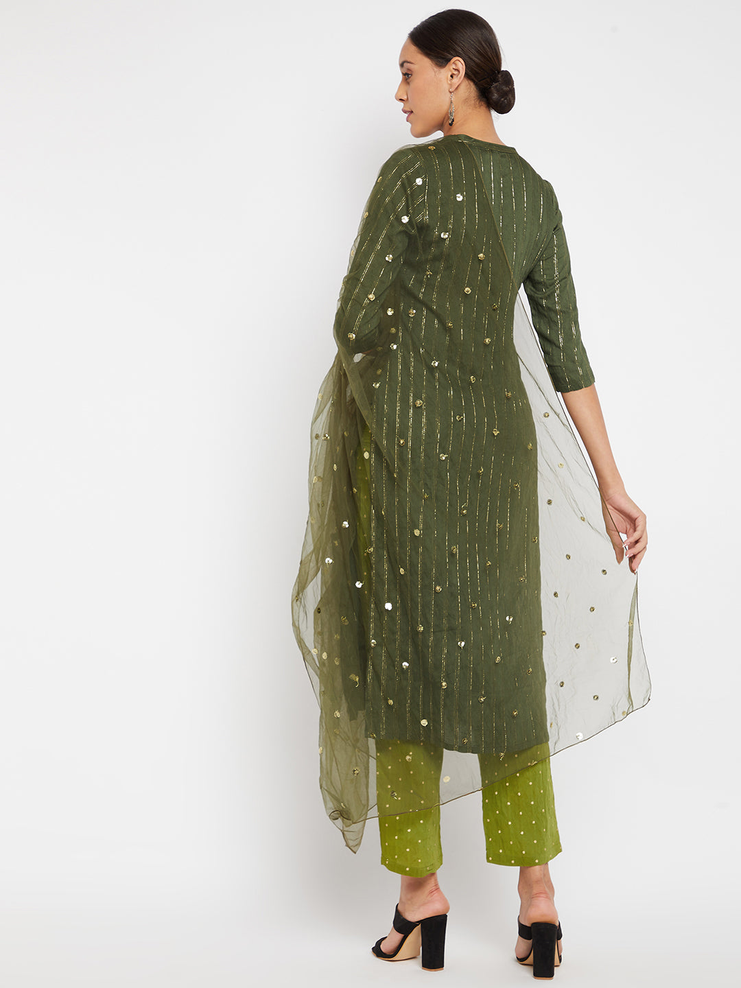 Women Green Striped Kurta with Trousers and Dupatta