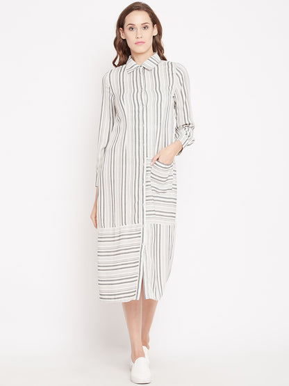 Women's Ivory grey strip weaved Shirt Dress with Pocket